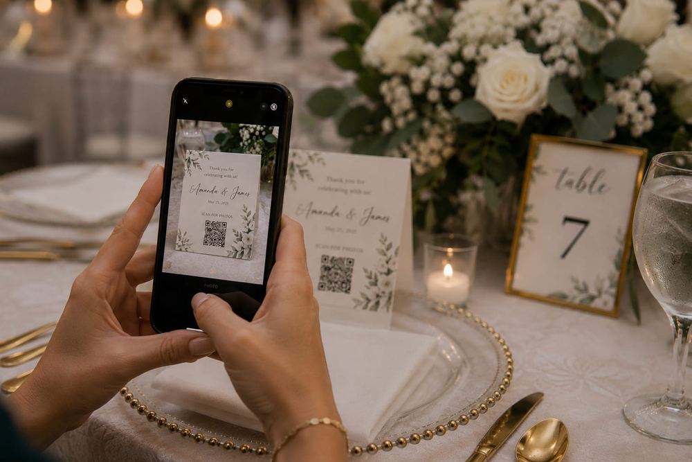 A wedding guest scanning the table card QR code with their phone